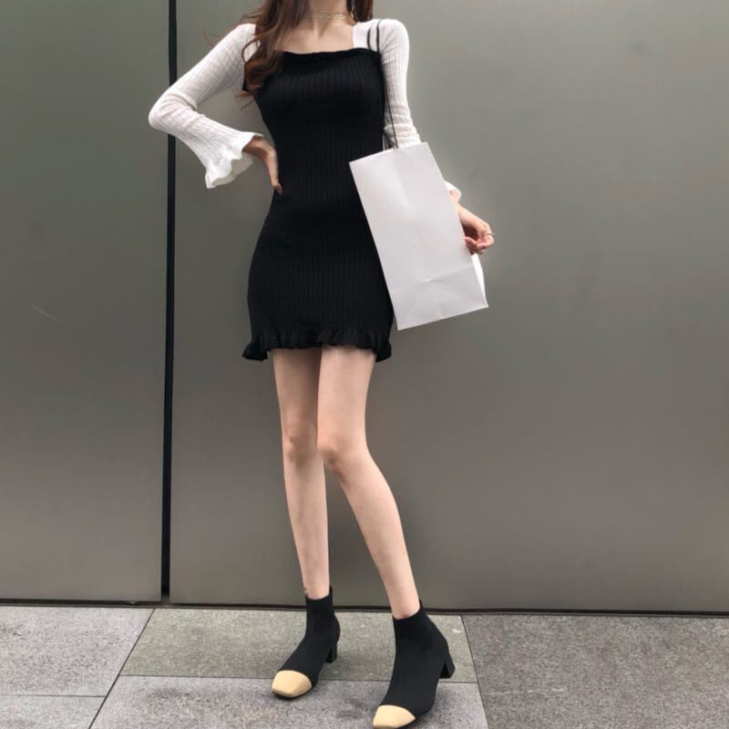 Female Vintage Long Sleeve Knitted Holiday Graceful Dress Slim Ruffle Elegant Short Party Dress