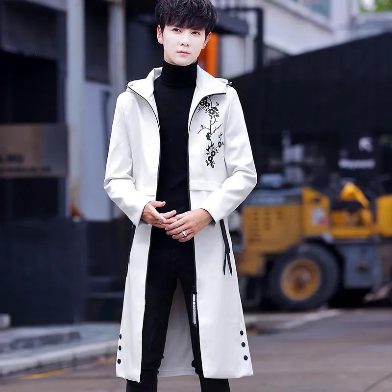 Men Leather Windbreaker Embroidered Floral Coat Stand Collar Casual Slim Jacket Trend Comfortable Parka Long