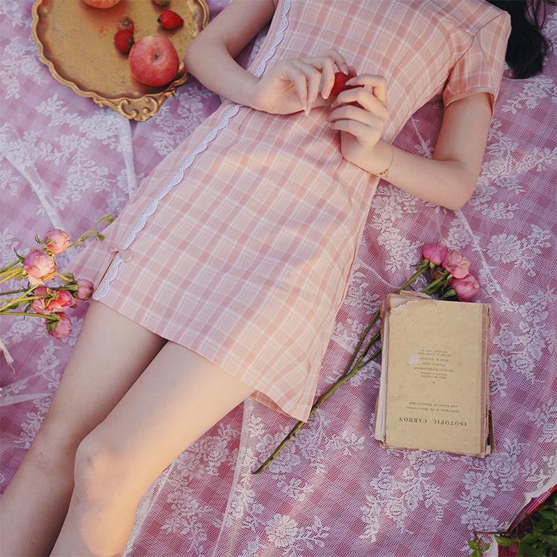 Pink Cheongsam Can Be Worn Daily In Summer Young Girl Sweet Plaid Modified Version Dress