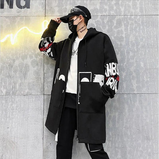 WTEMPO Spring Print Jacket Hooded Windbreaker Men Coat Soft Comfortable Top Casual Loose Parka Long