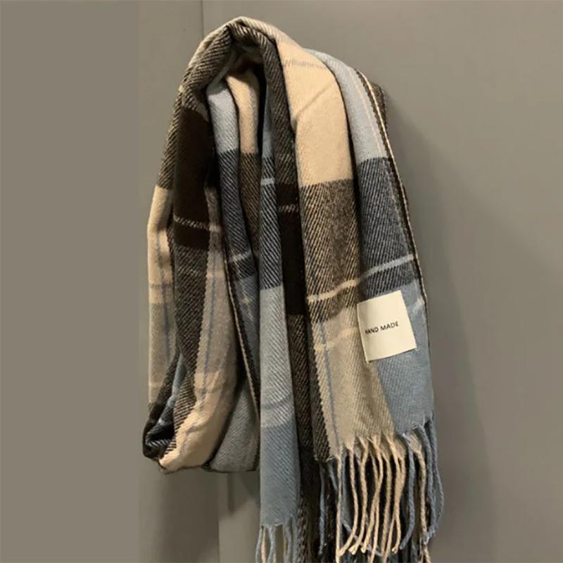 Women Scarf Winter Plaid Korean Wild Loose Thicked Lengthened Knitted Warm Female Scarves