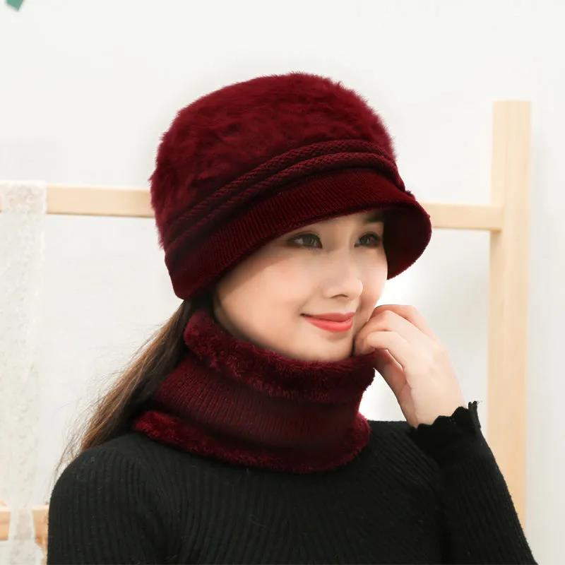 Two-piece Hat and Bib Women Winter Plus Velvet Thick Knitted Hat Rabbit Fur Duck Tongue Wool Hat