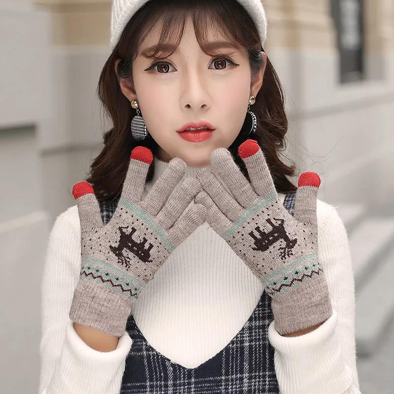 Women's Winter Gloves Touch Screen Mittens Korean Style Cute Deer Wool Knitted Five-finger Outdoor Riding Double Layer Plus Velvet Thickening Gloves