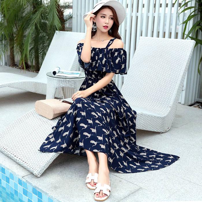 Pofulove Women Sexy Off Shoulder Strap Dress Mid-length A-line Sun-dresses Bohemian Beach Dress