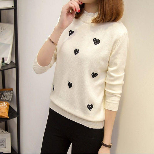 Printed  Spring and Autumn  Female Round Neck Short  Solid Color High Collar Sweater