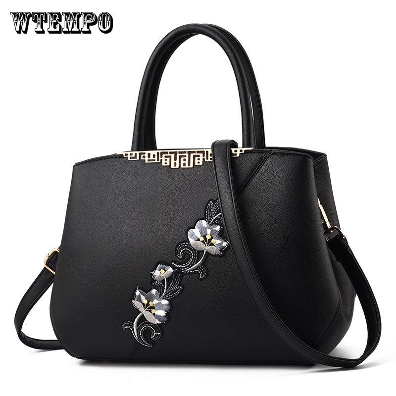 Handbags Women PU Leather Shoulder Bag Embroidery Flower Handbag