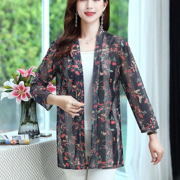 XL-5XL Women's Spring Sun Protection Clothing Nine-point Sleeve Thin Coat Summer Large Size Mid-length Shawl Print Cardigan Tops