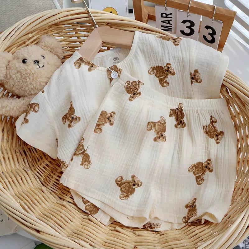 Baby Summer Home Set Yarn Cotton Summer Thin Section Boys and Girls 1-3 Years Old Casual Loose Cute Short-sleeved Cardigan Pajamas Two-piece Set