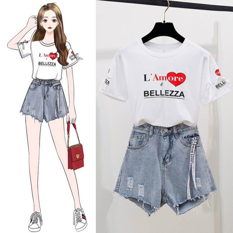 Pofulove Women Soft High Quality O-Neck Cotton Letter T-Shirt+High Waist Denim Shorts Two Piece Suit