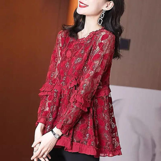 Women's Plus Size Lace Blouse Spring and Autumn Clothes Temperament All-match Loose Western Style Bottoming Shirt Women