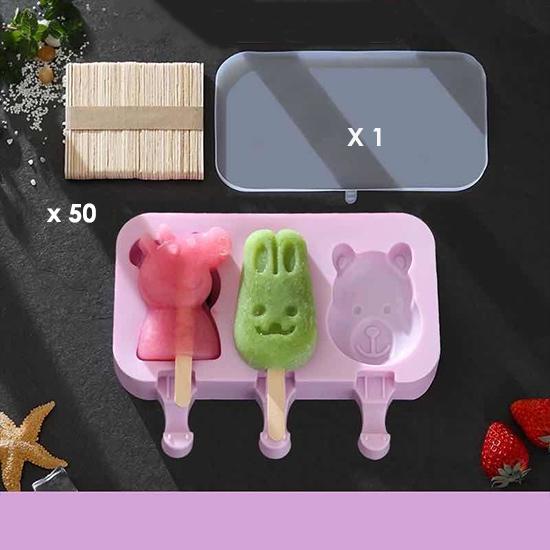 Homemade Food Grade Silicone Ice Cream Molds Ice Lolly Moulds Freezer Cartoon Ice Cream Bar Molds Maker with 50 Popsicle Sticks