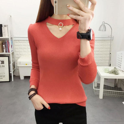 Autumn and Winter Long-sleeved Sweater V-neck Top Slim Pullover Women's Bottoming Shirt