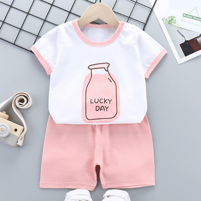 Children's Short Sleeve Suit Korean Style Boys and Girls Set Printing T-shirt + Shorts Two Piece Set