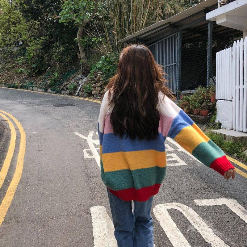 Pofulove Sweet Rainbow Striped Sweater Female Korean Lazy Loose Hit Color Pullover Sweater Coat