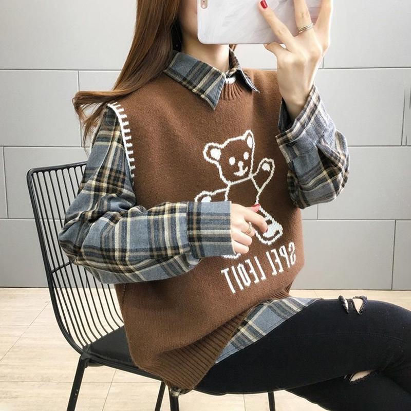 Bear Knitted Vest Jacket Women Autumn and Winter Loose Sweater Vest Shirt Suit Long-sleeved POLO Collar To Keep Warm and Comfortable