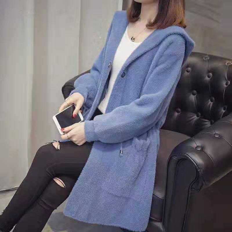 Autumn and Winter Knitted Cardigan Coat Korean Style Hooded Loose Sweater Mid-length Popular Coat Women