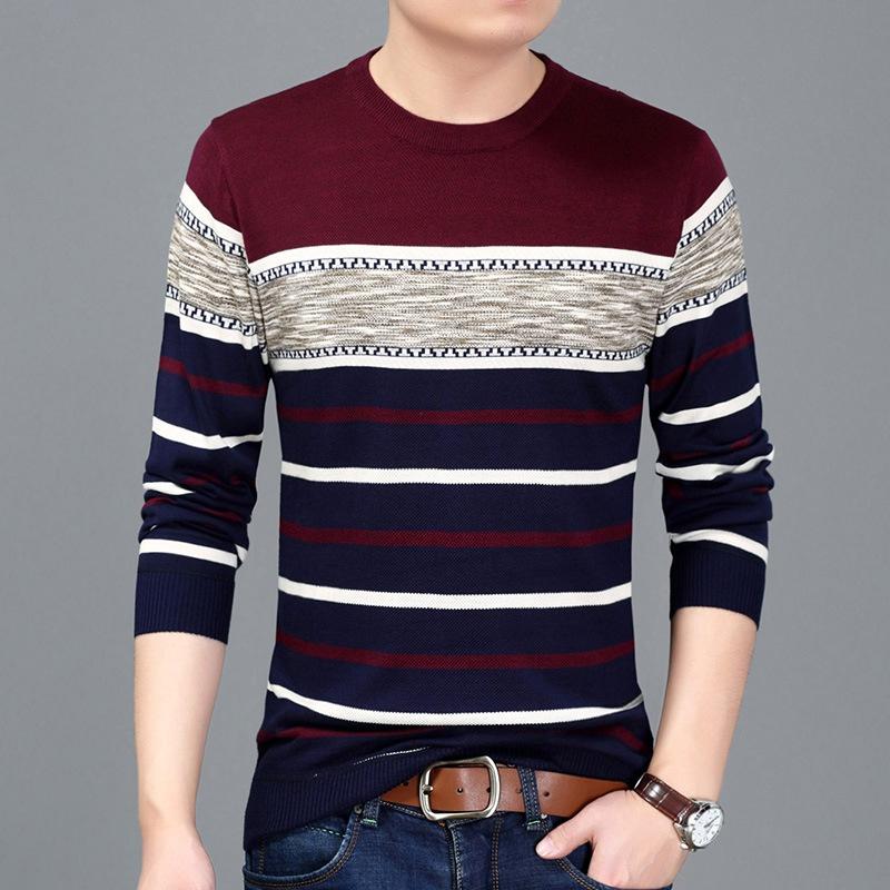 WTEMPO Men Pullover Long-sleeved Warm Sweater Round Neck Striped Pullover Soft and Comfortable  Shirt