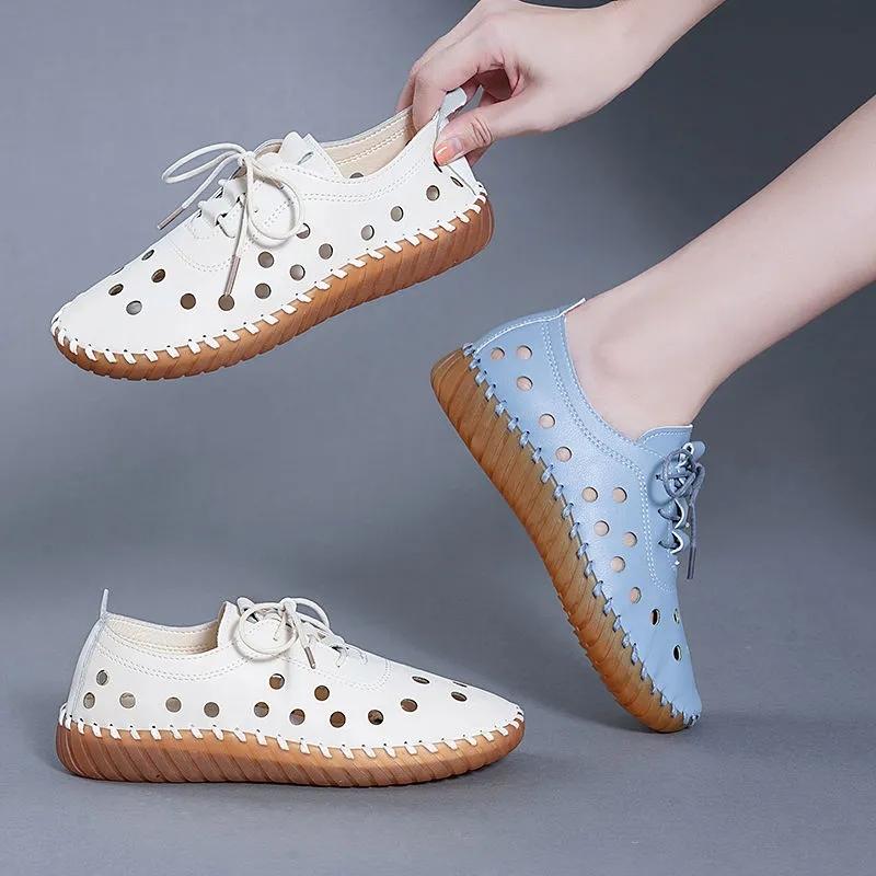 Women's Summer Soft Leather Hollow Shoes Hole Shoes Tendon Bottom Sandals Flat Casual Shoes Soft Bottom Comfortable Mother Shoes