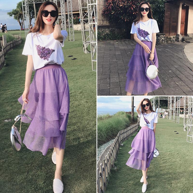 Suit Clothes Fairy Skirt Suit Super Fairy Net Yarn Cake Long Skirt Two-piece Sweet and Cute Purple Skirt Round Neck Short Sleeve T-shirt Skirt