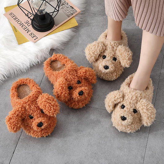 Women Slippers Winter Shoes for Women Cute Teddy Dog Faux Fur Warm Soft Indoor Home Slippers Plus Size Couples House Slipper Non Slip Slides