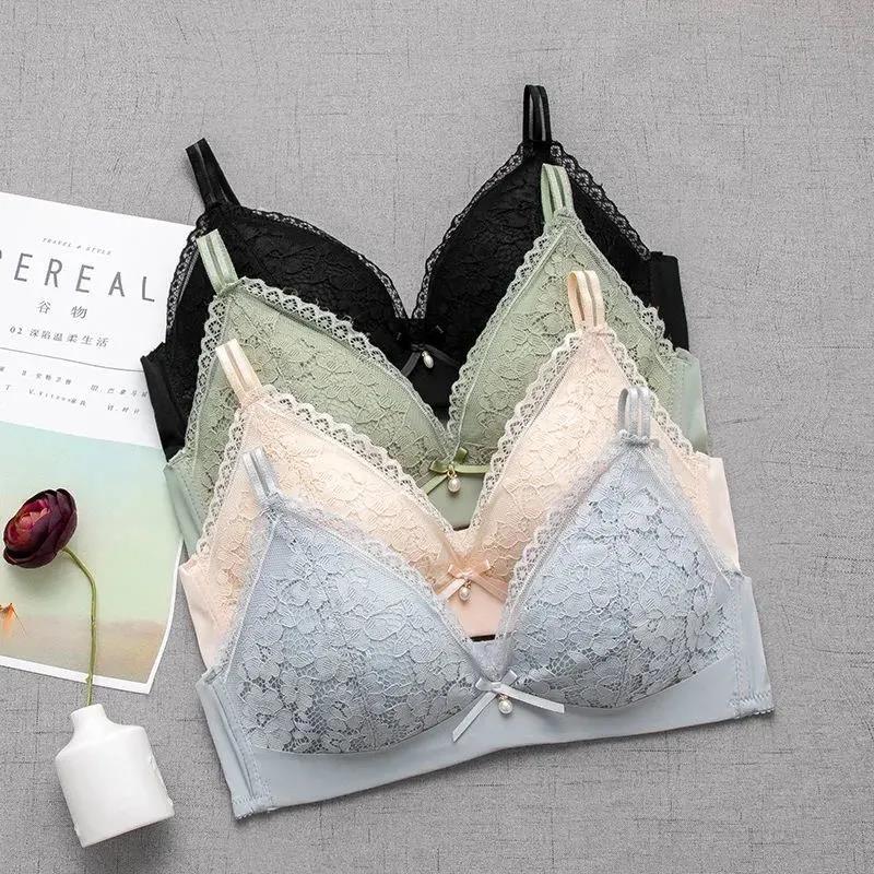 Underwear Women's Thin Small Chest Special Non-wire Gather Bra Bra Triangle Cup Gather Lace Side Bra Without Steel Ring Light and Breathable