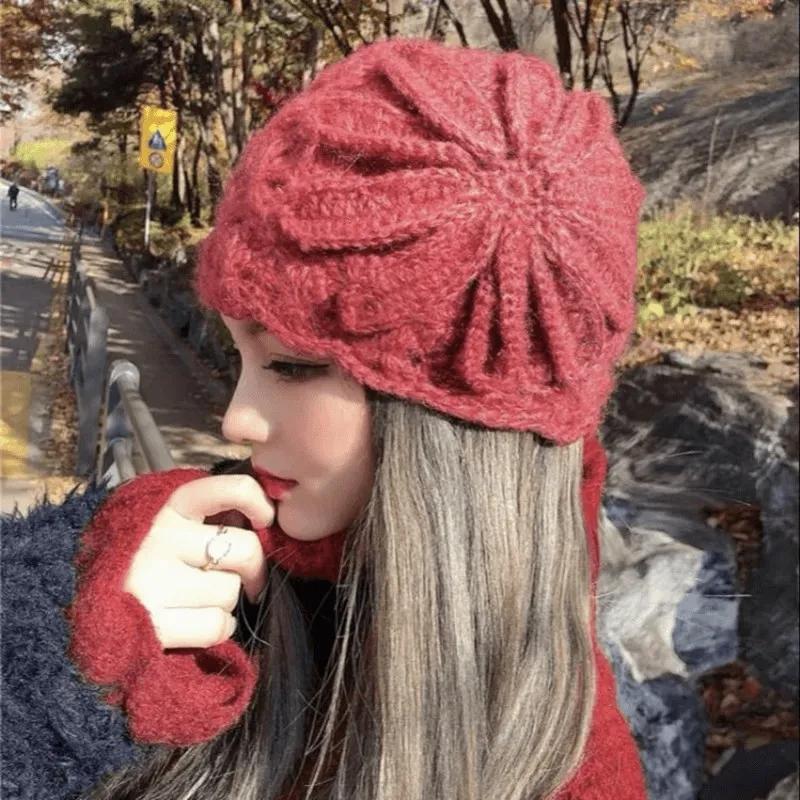 Knitted Hat Woman Autumn and Winter Wild Handmade Flower Warm Sweater Hat Bag Head Month Cap