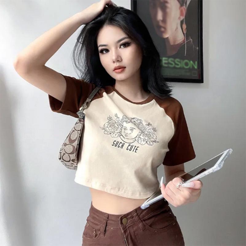 Printed Contrast Color T-shirt Women's Short Raglan Sleeves Slim Fit Cartoon Solid Color All-match Top Summer Tide