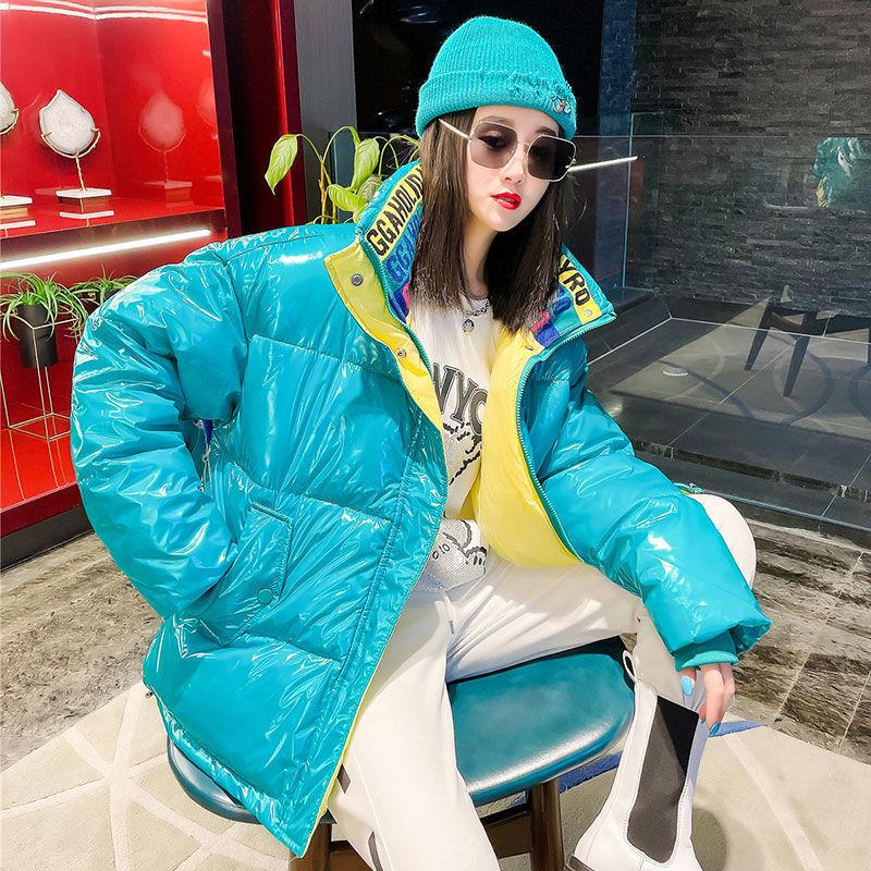 Women's Bright Face Hooded Down Jacket  Regular Korean Loose Thick Coat Warm Cotton Coat  Large Wool Collar Winter Quilted Coat