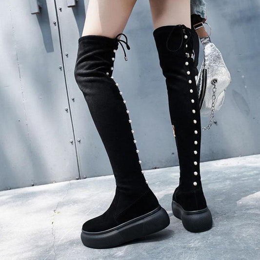 Autumn and Winter Women's Boots High Over The Knee Boots Flat Shoes Women's Lace-up Boots Elastic Boots