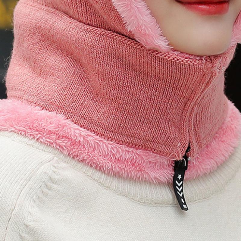 Mother Warm Winter Knit Beanie Fur Pom Hat Zipper Scarf Cap Woolen Hat Women Winter Thickened Riding Windproof Mask Bib Integrated Scarf Hats Set