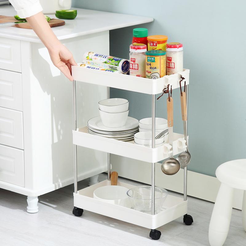 3/4 Layer Kitchen Storage Rack Movable Plastic Bathroom Shelf Wheels Space Saving Organizer