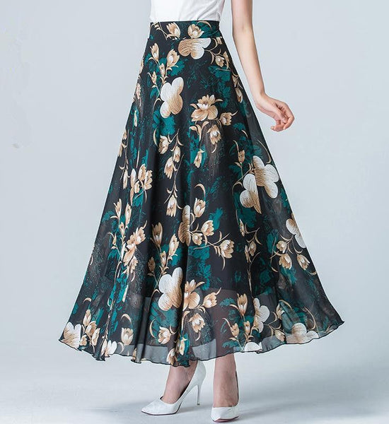 Women Vintage Elegant Floral Skirts Exquisite Printing High Waist A-line Chiffon Skirt Mid-length Chiffon Skirt