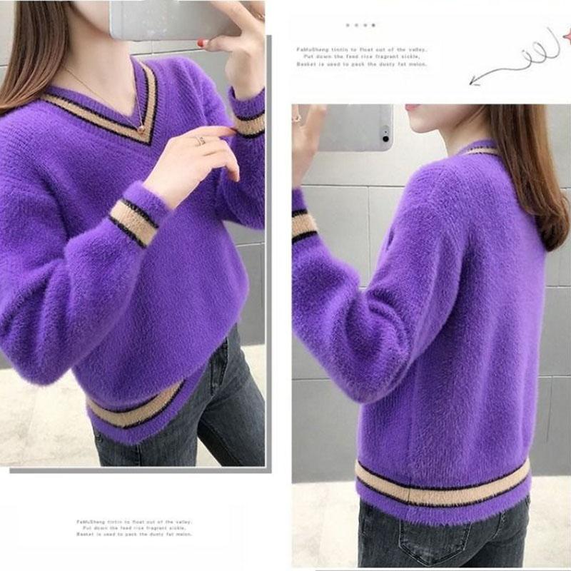 Autumn and Winter Mohair Loose Top V-neck Short Knitted Sweater Fashion Simple Women's Bottoming Shirt