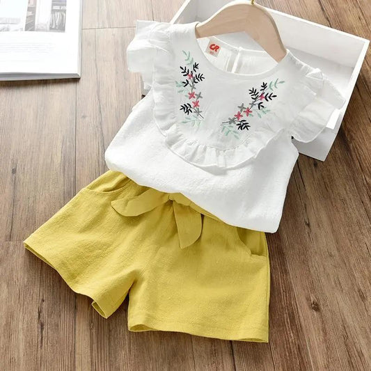 Summer Casual Children Sets Chiffon Flowers Blue T-shirt Pants Girls Clothing Sets Kids Summer Set for 3-7 Years