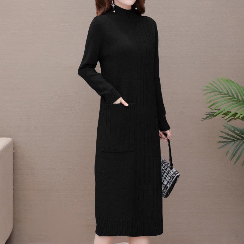 Autumn and Winter Mid-length Knitted Dress Women's Pullover Solid Color Thickened Half High Collar Bottoming Knitted Dress