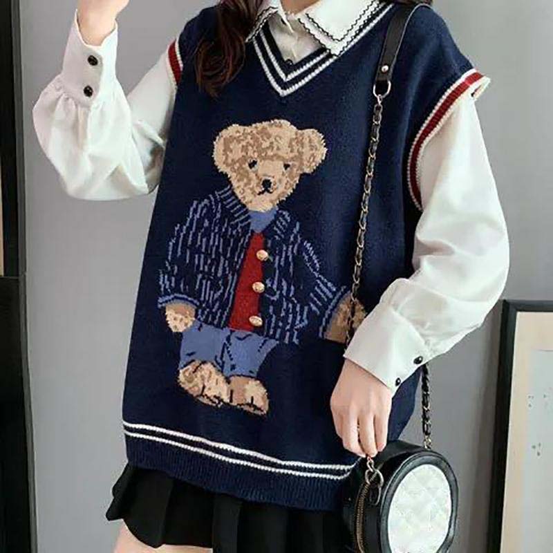 Bear Pattern Women's Sweater Vest Sleeveless Waistcoat Knitted Waistcoat Women's Vest V-neck Outer Wear All-match Knitted Waistcoat