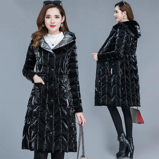 Women's Winter Korean Loose Quilted Coat Warm Down Jacket with Fur Collar Women's Glossy Mid-length Down Jacket