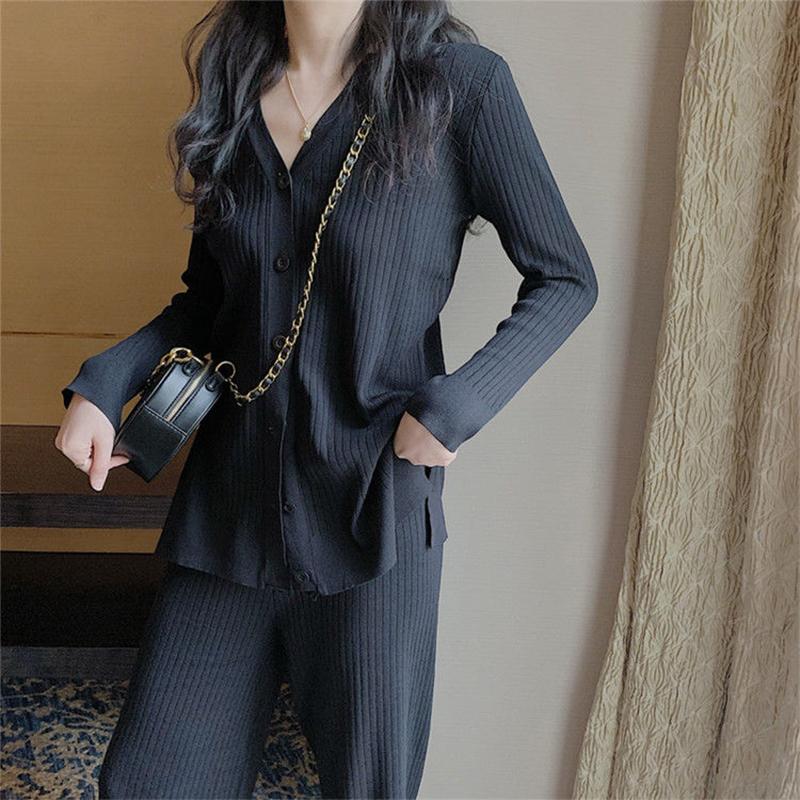 2021 Spring and Autumn Knitted Suit V-neck Cardigan Jacket + Casual Straight Wide Leg Pants Two-piece Female