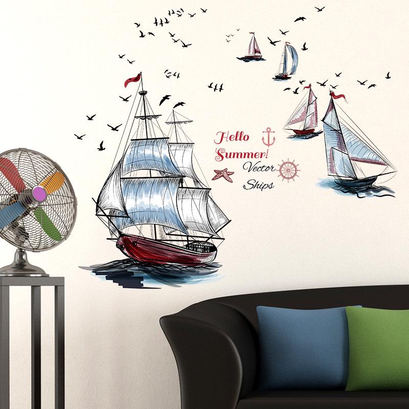 Sailboat creative wall sticker bedroom background decoration removable stickers TV sofa bed corner