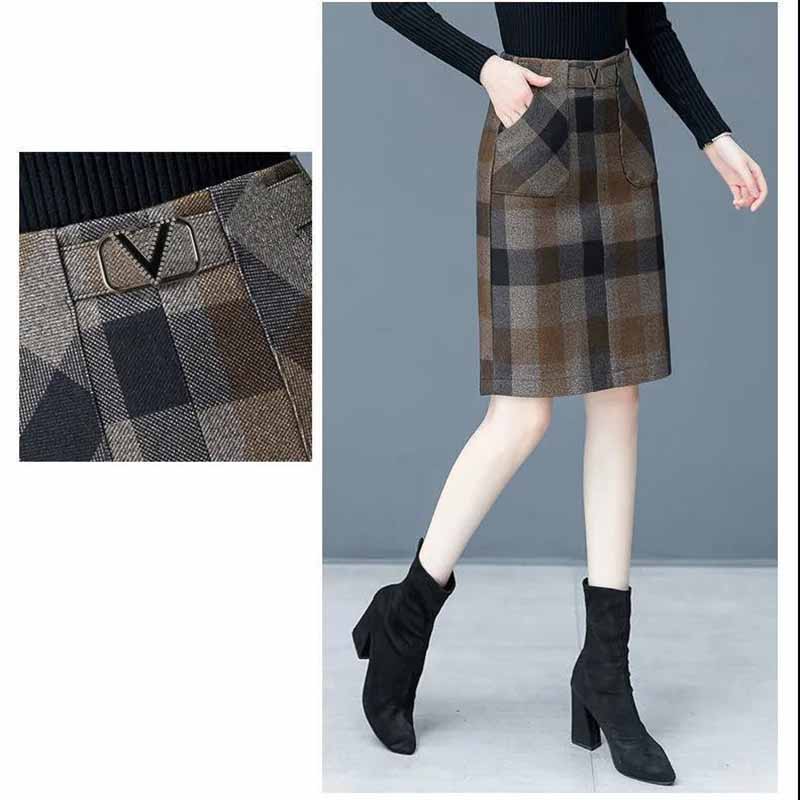 Autumn and Winter Woolen Plaid Skirt Women's High Waist Small Temperament A-line One Step Hip Skirt