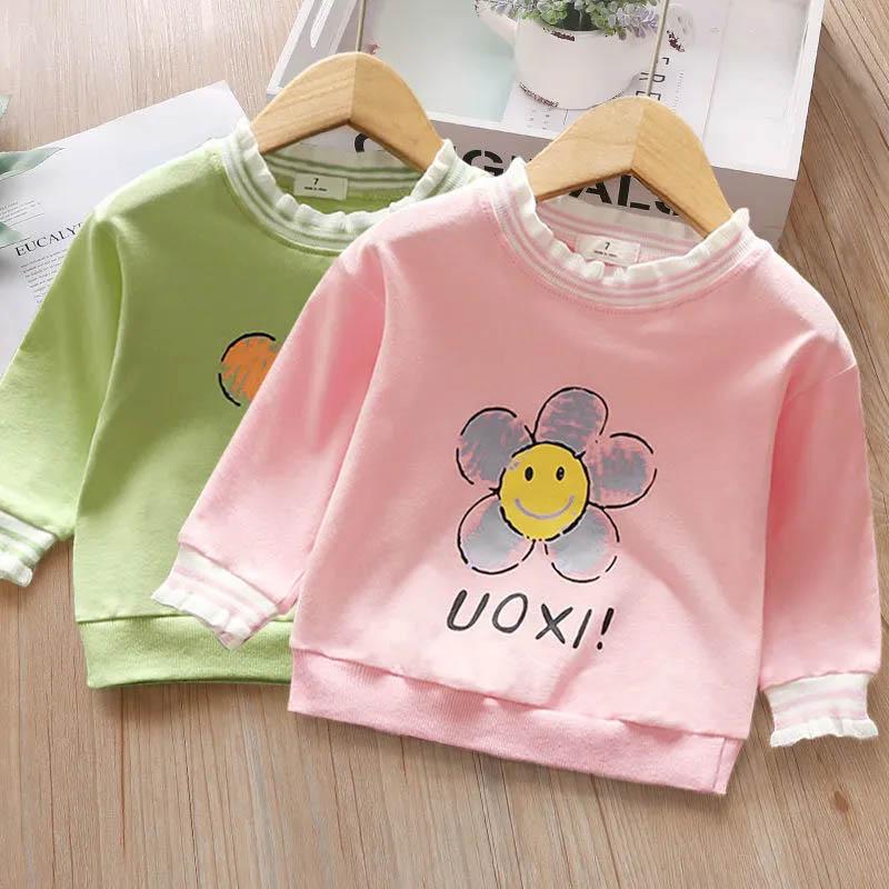 Baby Solid Color Printed Long Sleeve Pullover Sweater Gray Lace Pants Two Pieces Spring and Autumn Suit Casual Children's Cotton Comfortable Soft Suit