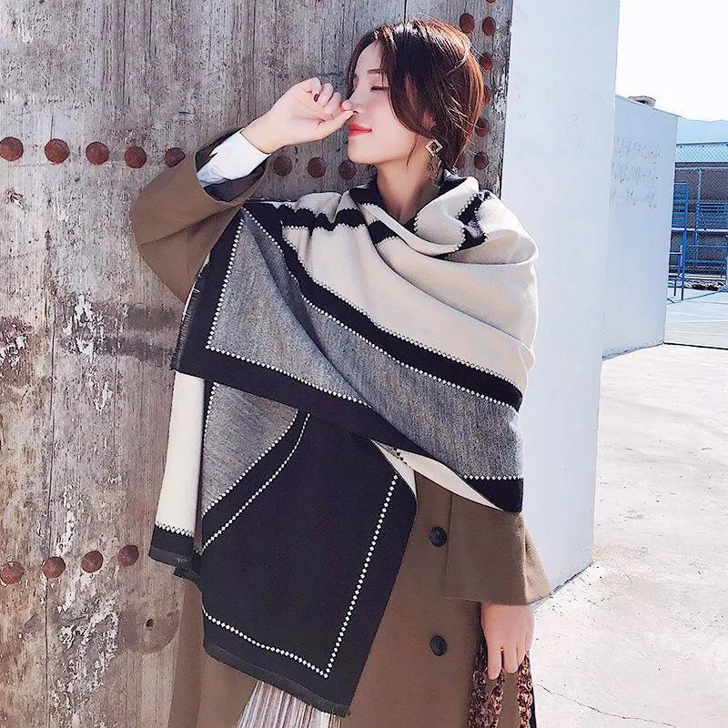 Women's Spring Autumn Scarf Cloak Wool Shawl Thick Korean Cashmere Texture Warm Long Plaid Double-sided Scarf Multi-purpose Scarf Shawl