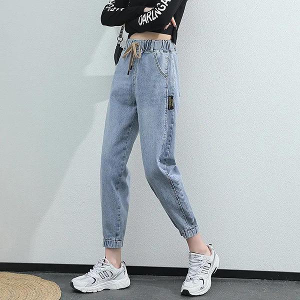 Women Spring and Autumn Large Size Streetwear Cropped Jeans Loose Solid Color High Waist Elastic Casual Jeans