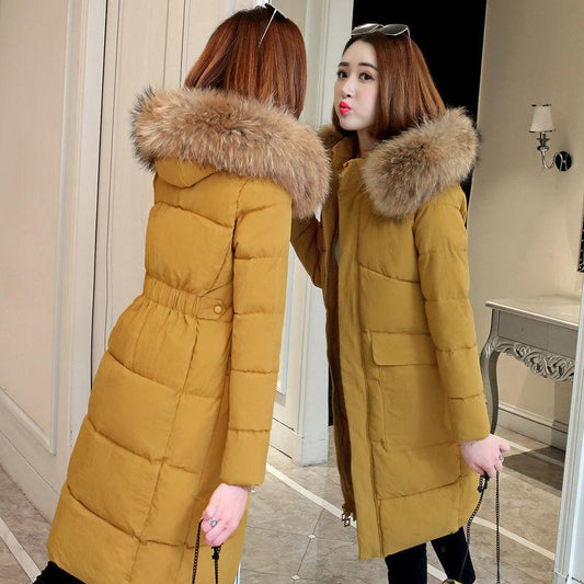 Women's Mid-length Padded Coat Korean Style Slim Down Padded Jacket Winter Fur Collar Thick Padded Jacket