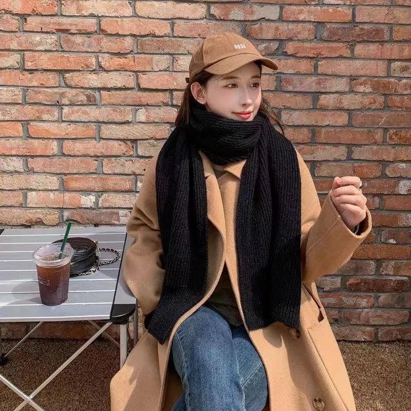 Women's Winter Knitted Scarf Pure Color Cashmere Thickened Warm Scarf Korean Simple Style All Match Wrap Shawl Neck Cover Long Handmade Neckerchief