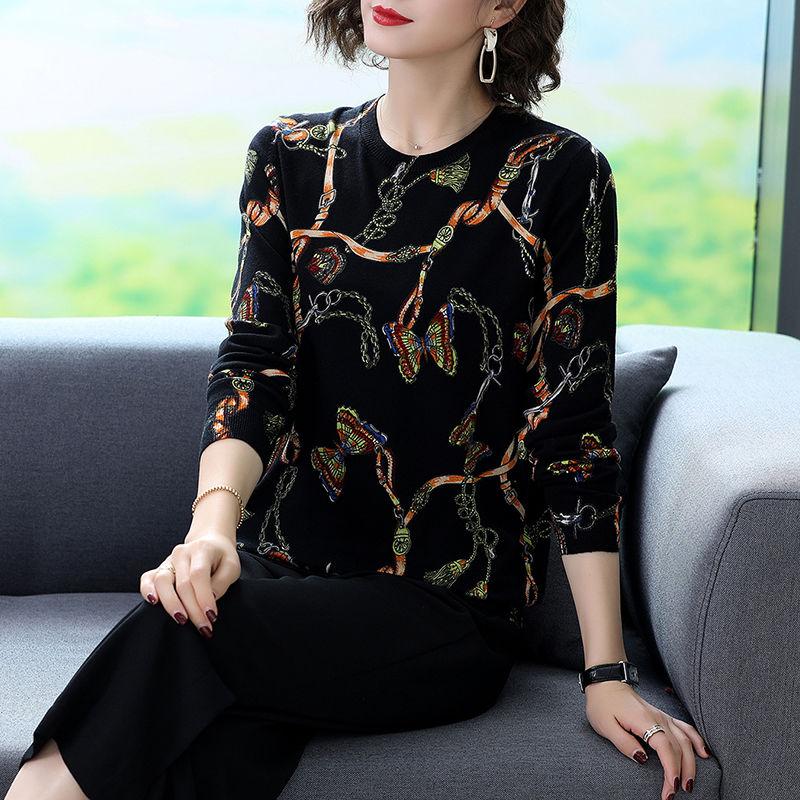 Autumn Winter Women High-end Cashmere Sweater Retro Butterfly Flower Printed Woolen Sweater Soft Warm Plus Size Pullover Sweater Female Causal Jumper