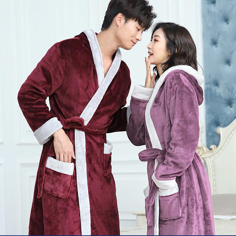 Extended Warm Night Gown Flannel Thick Bathrobe Coral Fleece Pajamas Can Be Worn Loose Home Clothes Fabric Skin-friendly and Soft