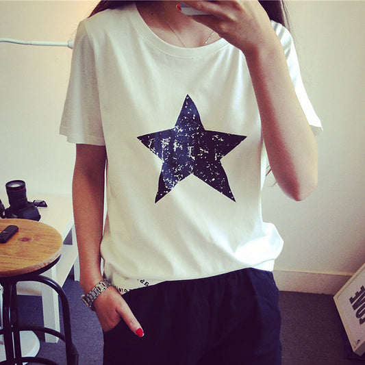 Summer Bottoming Shirt Five-pointed Star Pattern Small Loose Round Neck Short-sleeved Women's T-shirt