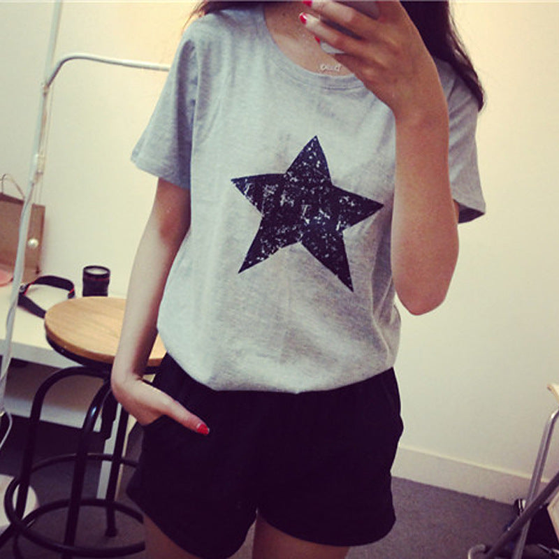 Summer Bottoming Shirt Five-pointed Star Pattern Small Loose Round Neck Short-sleeved Women's T-shirt