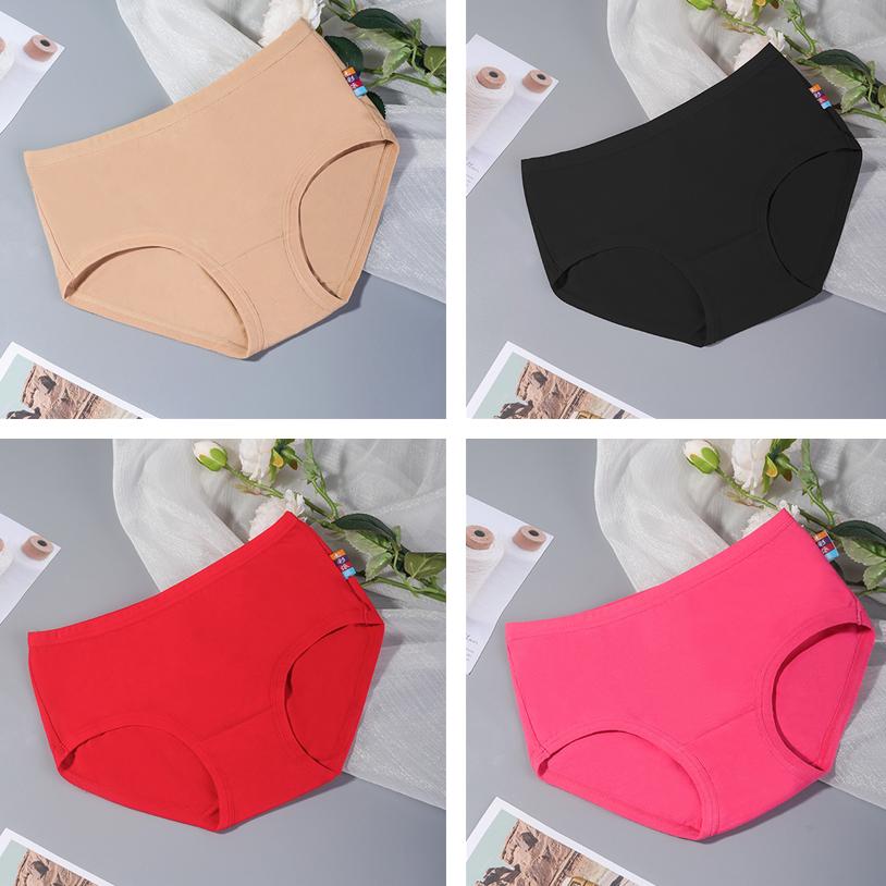 4Pcs/Set Solid Color Large Size Mid Waist Causal Soft Briefs Women's Seamless Cotton Panties